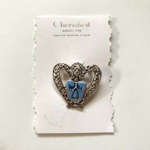 Cherished Angel Pin AAI Signed Heart Shape Silver Tone Genuine Austrian Crystal